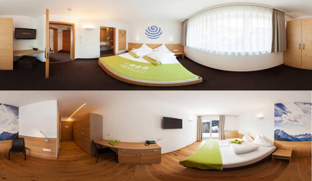 360° Ansicht der Doppelzimmer im Hotel Natürlich in Fiss, Tirol.