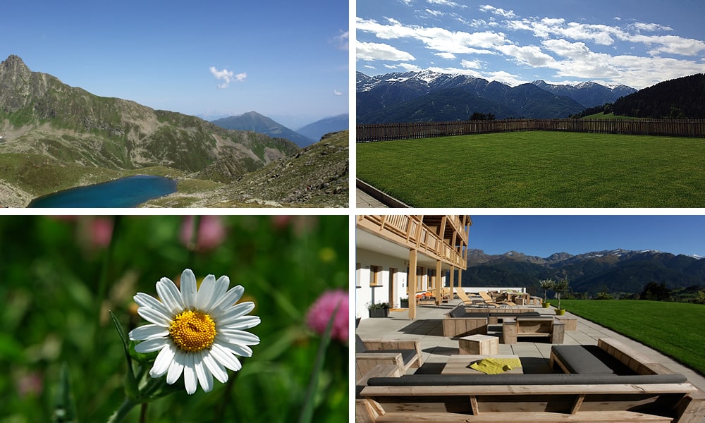 Naturbegeisterte im Hotel Natürlich in Fiss, Tirol. Fotocollage Natur der Region.