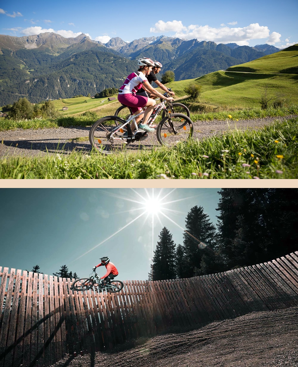 Sportbegeisterte in Serfaus-Fiss-Ladis. Paar beim Biken und Biker in Steilkurve im Bikepark. Sports enthusiasts - Sportliefhebbers