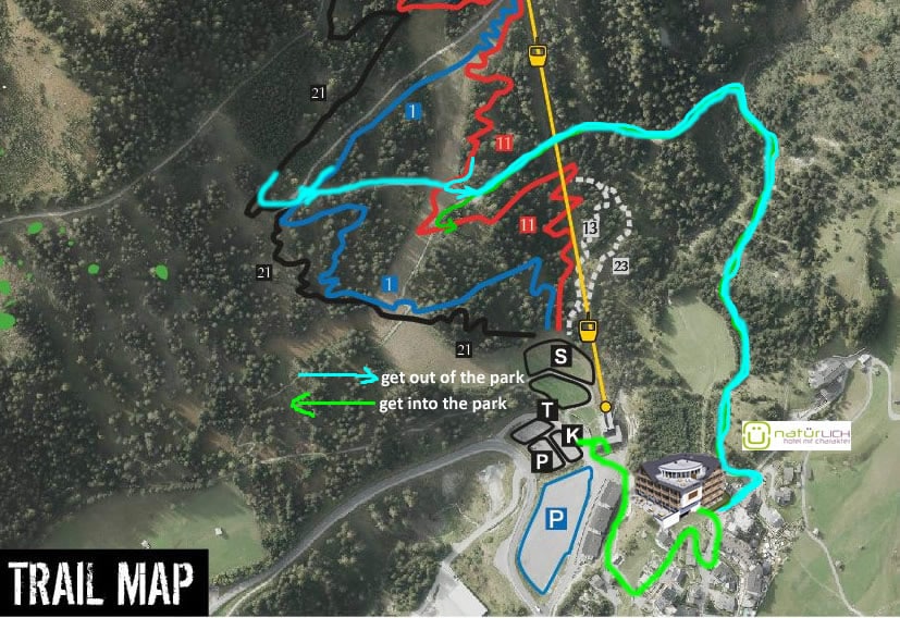 Bikepark in Serfaus-Fiss-Ladis in Tirol. Trialmap mit Zu- und Abfahrt.