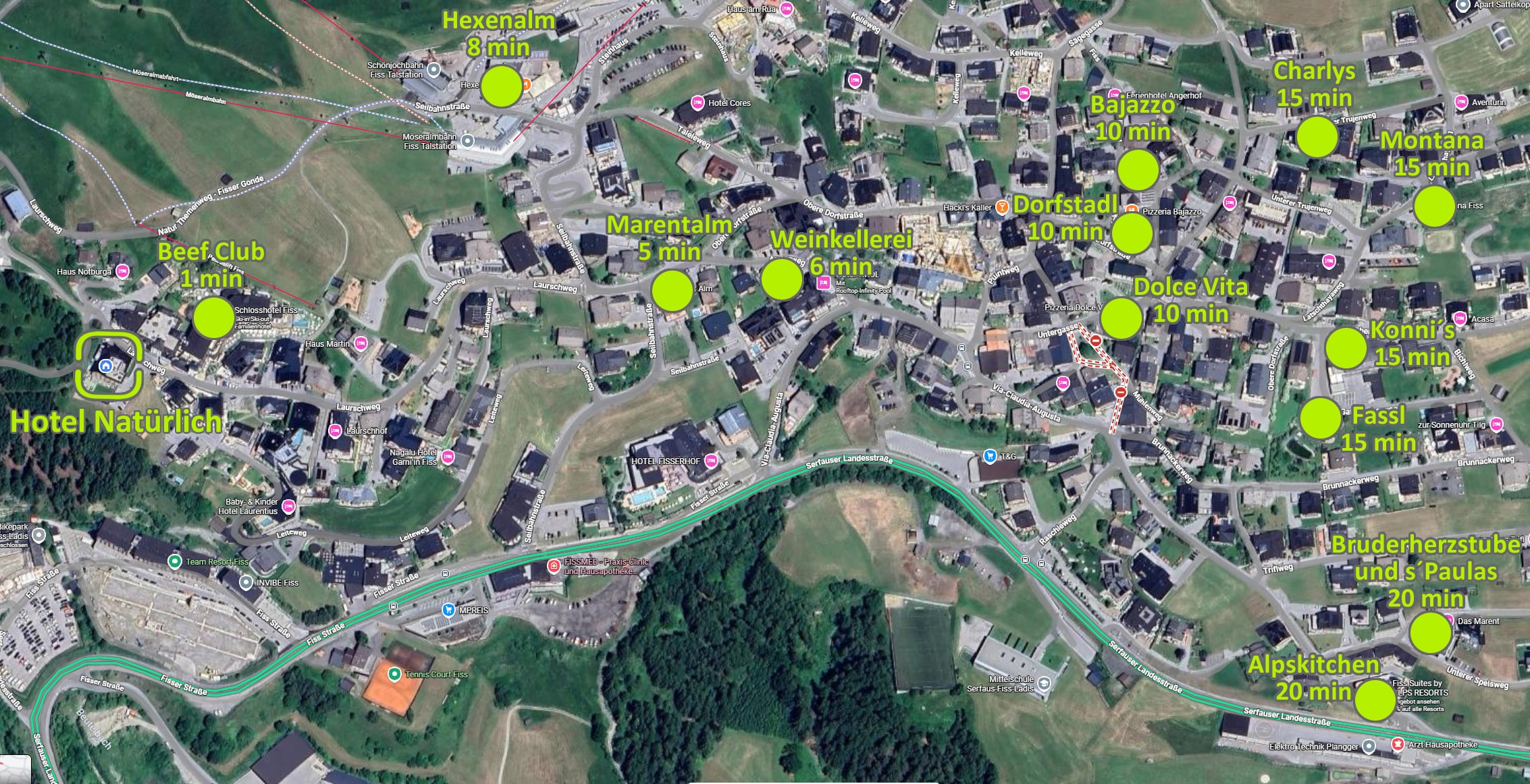 Restaurantguide von Fiss in Tirol - Österreich. Übersichtsplan der Restaurants des Dorfes.