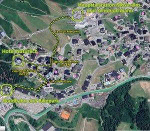 Weg zu den Talstationen der Schönjochbahn, Möseralmbahn und Waldbahn